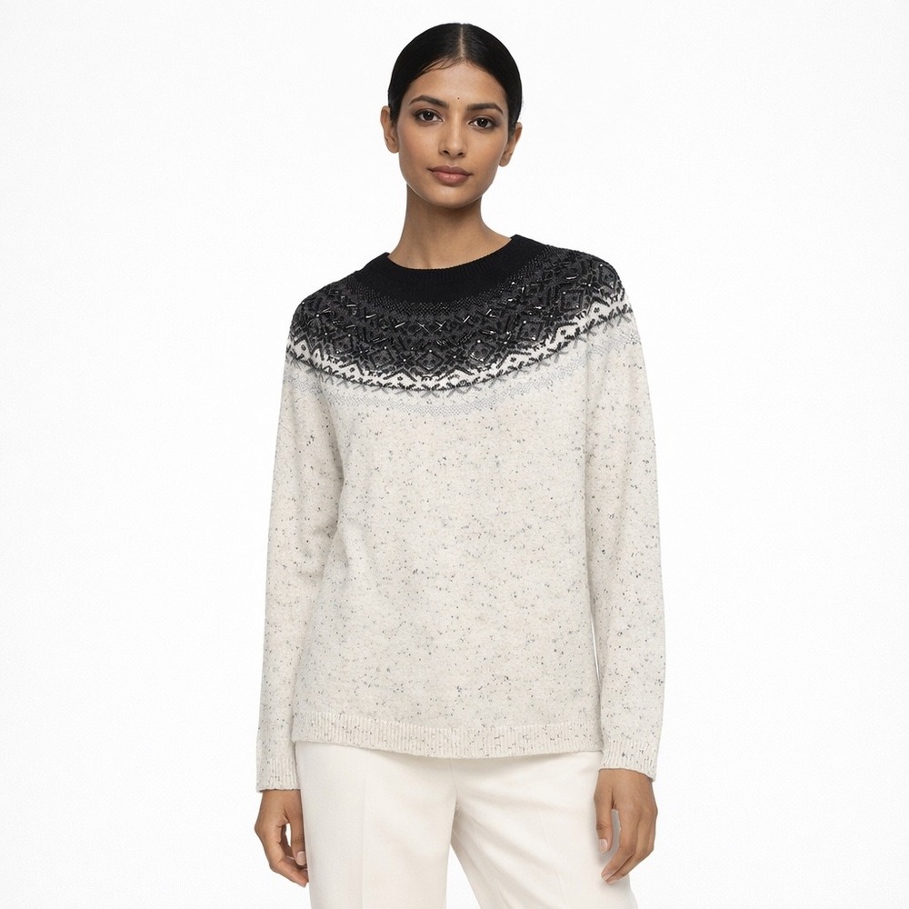 Talbots Fair Isle Beaded Sweater MP‎ Cream Black Cotton Blend Cottagecore Nordic